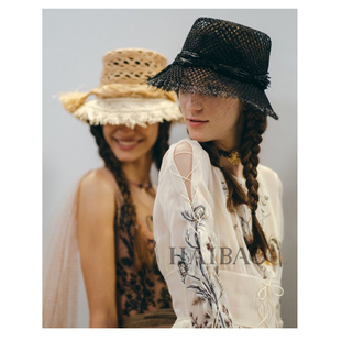 夏季欧美网红拉菲草帽D家个性时尚T台走秀时装帽镂空大檐遮阳帽子