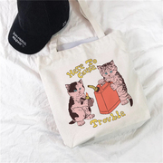 女士购物袋趣味可爱卡通，猫咪图案印花购物单肩包时尚帆布手提包