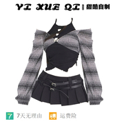 yixq原创假两件上衣时尚，两件套装秋季2023年辣妹甜酷百褶短裙