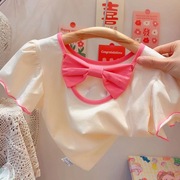女童夏季短袖2024韩版洋气蝴蝶结，女宝宝圆领百搭泡泡袖上衣潮