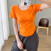 下摆弧形短袖t恤女夏季橙色修身显瘦圆领扇形，上衣ins网红穿搭