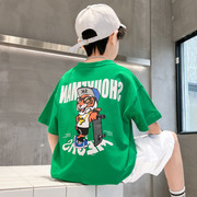 男童装短袖t恤2023中大童夏装纯棉，上衣绿色老虎t韩版儿童半袖