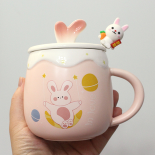 创意可爱马克杯带盖勺兔子吸管陶瓷水杯家用咖啡卡通学生办公室女