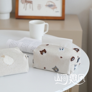 棉麻布艺纸巾盒刺绣，北欧日系纸巾套纸巾，袋纸抽盒抽纸收纳猫咪小羊