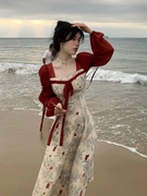 法式复古国风红色早春连衣裙碎花，方领显瘦遮肚，设计感气质系长裙