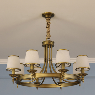 原创美式简约玻璃灯罩客厅餐厅灯北欧现代创意别墅古铜色全铜吊灯
