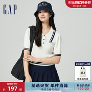 Gap女装2024春夏LOGO撞色条纹泡泡袖翻领针织衫短上衣891736