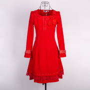 秋季红色低圆领蝴蝶结长袖蕾丝拼接百褶钉珠亮片婚礼上衣短裙套装