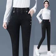 加绒牛仔裤女2023年秋冬季高腰，直筒小脚哈伦，裤弹力铅笔长裤子