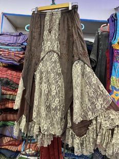 尼泊尔嬉皮风绿精灵半身裙，纯棉刺绣拼接蕾丝双层超仙中长裙子古着