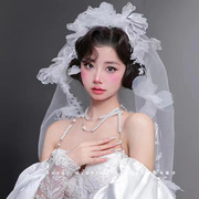 森系超仙蕾丝娟纱花朵新娘造型白纱头饰头纱婚礼影楼复古头饰品