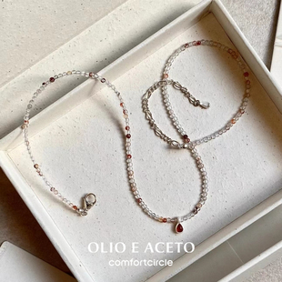 OLIO E ACETO 纯银水晶红玛瑙串珠项链 手工磨砂肌理双链锁骨链