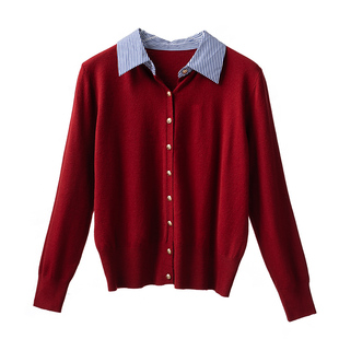 酒红色针织衫假两件小开衫，2024春季长袖，衬衫领简约上衣女休闲