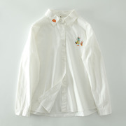 春可爱小兔子蘑菇刺绣翻领白衬衫女文艺百搭打底纯棉长袖衬衣