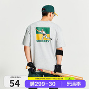 sockkey棒球投手印花运动短袖，t恤纯棉，男夏美式圆领体恤潮tee