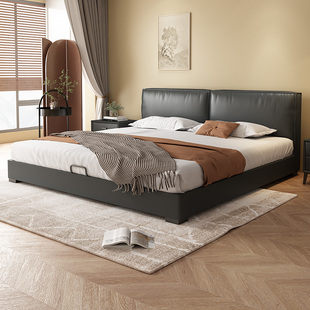 意式极简豆腐块真皮床现代简约双人，2米x2米大床轻奢齐边黑色皮床