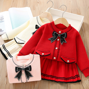 女童套装裙长袖毛衣裙(毛衣裙，)两件套小香风蝴蝶结，裙2023中国风大红色针织