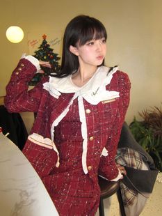 春季新年喜庆娃娃领长袖假两件连衣裙+小香风红色长袖外套套装女