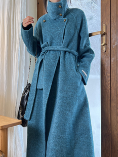 新年战袍款蓝色经典立领双面绒，大衣女高端时尚，系带长款羊毛呢外套