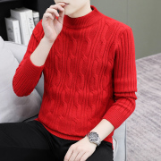 大红色麻花半高领毛衣，男纯色秋冬羊毛衫，加厚保暖本命年打底针织衫