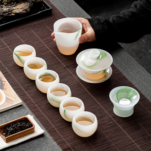 水墨琉璃功夫茶具套装翡翠绿粉色龙蛋杯茶杯茶盘盖碗家用冰种