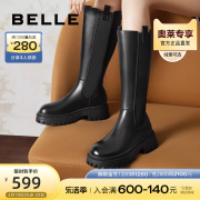百丽厚底骑士靴女2023冬季女靴子高长靴(高长靴)黑色长筒靴a2w1ddg3