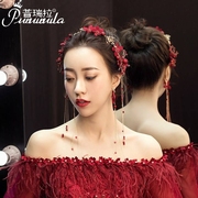 新娘头饰红色敬酒服发饰套装，结婚婚纱礼服花朵，韩式发箍婚礼配饰品
