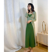 肖夫人(肖夫人)绿色修身针织，连衣裙套装女春款长袖开衫小个子中长裙两件套
