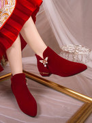 婚鞋女2023冬季短靴禾秀婚纱两穿新娘鞋粗跟加绒结婚红色靴子