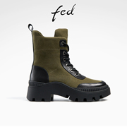 fed帆布马丁靴冬季靴子粗跟中筒靴厚底时装靴女款R1014-YA172