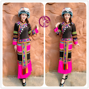 拉祜族女装玫红色，筒裙长袖套装黑色佤族女装，滇七彩民族服装