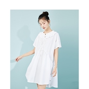 白色v领系带连衣裙，女装2020夏季韩版衬衫，宽松田园风气质裙子