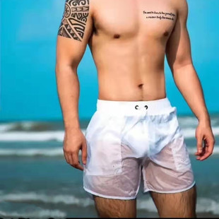 男士含内衬健身运动短裤跑步白色微透家居裤速干可下水三分沙滩裤
