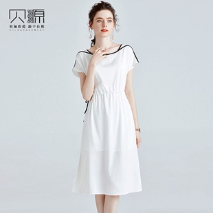 贝源重磅真丝短袖连衣裙2024夏季白色仙女裙中长款桑蚕丝女裙