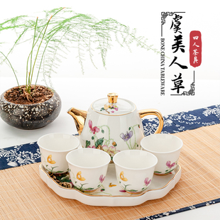 金岚玉唐山骨瓷小茶具套装，4人花茶茶杯，茶壶包金茶具结婚送礼盒