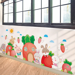 卡通兔子墙纸自粘3d立体儿童房墙面，装饰贴纸踢脚线腰线墙贴画遮丑