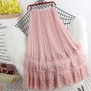夏季纯色双层网纱半身裙时尚，高腰显瘦中长款裙子，超仙百褶纱裙