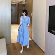 misslady韩国法式短袖系带大摆裙中长款蓝色2024年竖条纹连衣裙