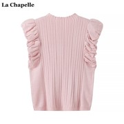 拉夏贝尔/La Chapelle粉色泡泡袖半高领针织衫女春夏短袖T恤上衣