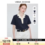 vegachang短袖t恤女2024年夏季复古时髦撞色polo领正肩上衣