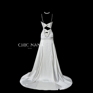chicnana洪炉点雪白色缎面鱼尾，婚纱新娘婚礼主纱出门纱，迎宾礼服裙