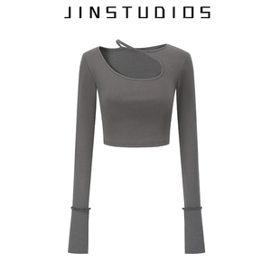 JIN自制2022春设计感个性不对称镂空长袖T恤修身超短辣妹百搭上衣