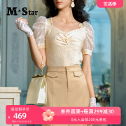 M-Star明星系列夏季法式泡泡袖短袖毛织衫女气质名媛毛衣上衣