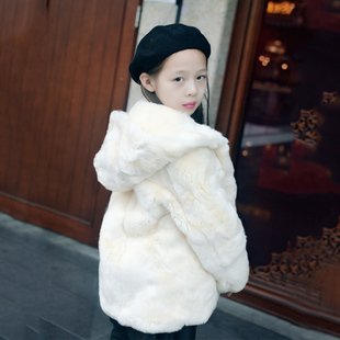 冬季獭兔毛整皮儿童皮草外套，中长款连帽女童，宝宝外套皮草大衣童装