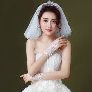 韩式简约婚纱礼服手套，新娘短款蕾丝绑带白色，演出亮片红色手套夏季