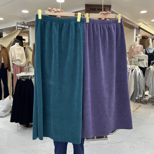 韩版减龄彩色灯芯绒高腰包(高腰包)臀半身裙洋气，百搭丝绒后开叉一步中长裙