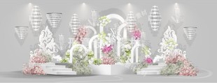 欧式粉红色白色手绘花艺婚礼背景合影区 水晶吊灯拱门psd分层素材