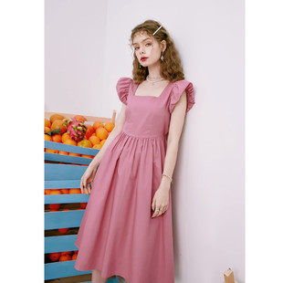商场同款妖精口袋粉色法式方领连衣裙女2023夏森系长裙