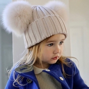秋冬款可爱洋气狐狸毛球球男女宝宝，针织毛线帽，姐妹款儿童翻边帽子
