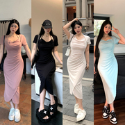 黑泽玄七微胖mm2023夏季大码遮肚显瘦小众设计感法式连衣裙女